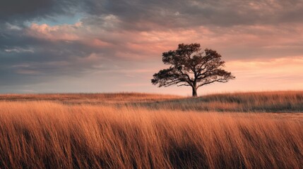 Fototapeta premium Serene Sunset Landscape Lone Tree in Golden Grass Field under a Dramatic Sky