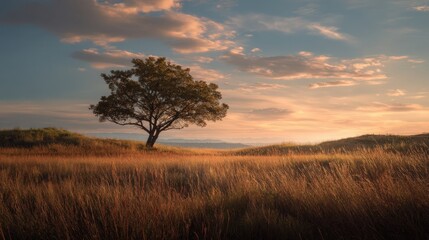 Fototapeta premium Serene Sunset Landscape Lone Tree in Golden Grassland under a Dramatic Sky