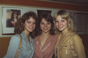 Three young women smiling together in a retro setting during the 1980s, showcasing unique fashion and hairstyles while enjoying their time together