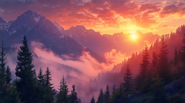 Scenic mountain backdrop vibrant sunrise fog in lower valleys and pine covered cliffs immersive realism with bright morning sky