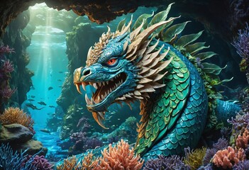 Taniwha Sea Guardian in an Underwater Cave with Coral and Light Rays