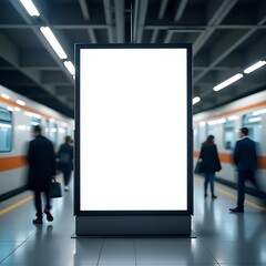 Blank White Billboard Mockup On A Subway Platform With Commuters Walking By, Transportation Hub Marketing