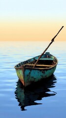 Obraz premium Weathered Teal Rowboat on Calm Water at Sunrise