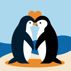 Vector art illustration of penguins in love on the beach