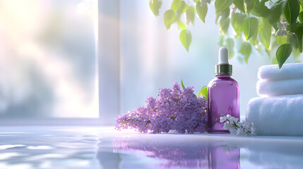 A purple dropper bottle stands on a reflective surface next to sprigs of lilac and white flowers, with folded white towels and blurred greenery in the background.