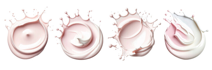 Pink and white cream splashes with different textures on a white background showcasing fluid motion and beauty products
