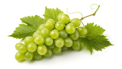 Fototapeta premium Fresh Green Grapes with Leaves on White Background