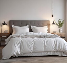 Crisp white linens on king-size bed, minimalist Scandinavian bedroom ,  space,  aesthetic,  airy