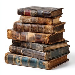 Stack of Antique Vintage Leather Bound Books Isolated on White Background A Collection of Old Textured Books