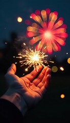 Hand ignites firework, blurred festive backdrop, boom, celebration, background