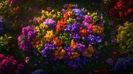 Fototapeta premium A vibrant cluster of multicolored flowers blooms in a lush garden, viewed from above, creating a striking, colorful display in nature.