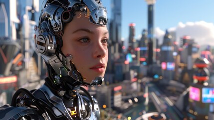 Futuristic cityscape view through metallic robot head.