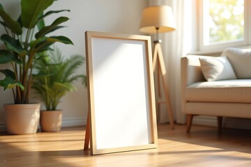 Blank White Frame Mockup Leans Against A Wall In A Living Room With Plants And Furniture, Interior Design Showcase