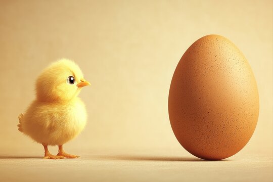 Cartoon chick beside large brown egg on warm cream background for national egg day - Powered by Adobe