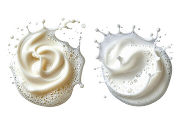 Splashes of creamy liquid and milk forming dynamic shapes against a white background, showcasing fluid motion and texture