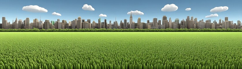 Obraz premium Stunning cityscape panorama; expansive green lawn in the forefront High-resolution image ideal for various design applications - meadow grass view buildings