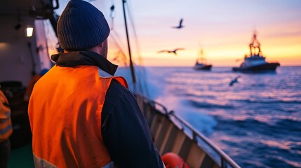Seafarer observing dawn from the ship deck during maritime voyage expedition