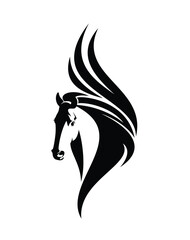 mythical pegasus horse head and wing - black and white vector portrait of magic fairy tale animal