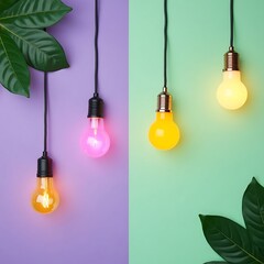 Glowing Light Bulbs In Red, Orange, Pink, And Yellow Hanging Over Green And Purple Backdrops With Leaves, Creative Lighting Solutions