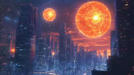 Obraz premium Futuristic City with Celestial Orbs: Envision a sprawling metropolis under a dramatic sky, where gigantic, fiery orbs illuminate the futuristic cityscape, enhancing the awe-inspiring architecture.