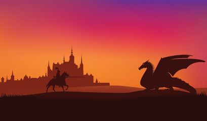 hero knight riding horse and fighting mythical dragon by fairy tale medieval castle at sunset - fantasy legend vector silhouette scene