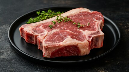 Fototapeta premium Raw Bone In Ribeye Steak on Black Plate Gourmet Food Photography High Resolution Image Delicious Meat Beef Cut Fresh Ingredient Recipe Dinner Food Styling diet herb grill juicy 