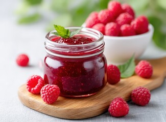 A glass jar of raspberry jam on a wooden board, surrounded by fresh raspberries and a bowl of berries in the background.