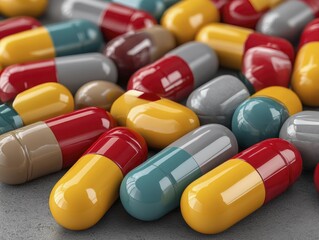 Macro shot of diverse headache relief capsules - migraine prescription wellness shapes