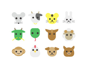 十二支の顔アイコンイラスト(手書き風)：シンプルでキュートなデザイン - Twelve Zodiac Animal Face Icon Illustration(Hand-drawn): Simple and Cute Design