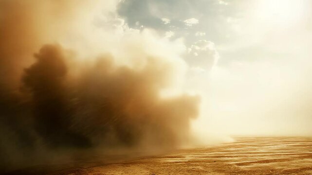 Massive sandstorm sweeping across desert in time-lapse with swirling dust and dramatic golden light. 4K video