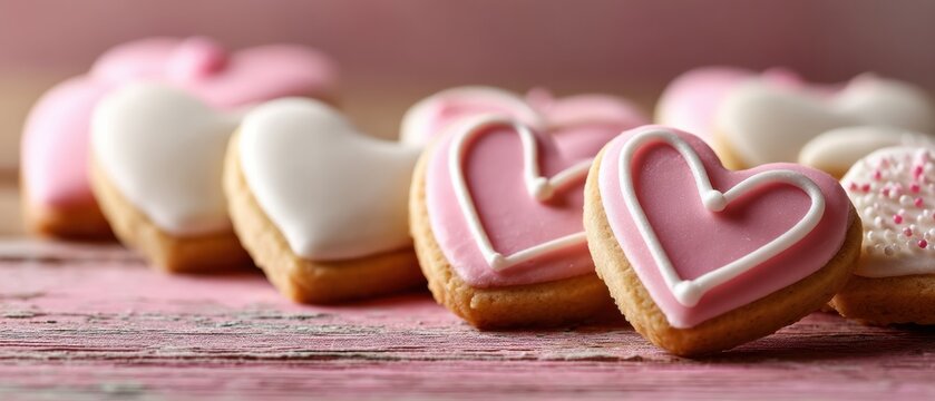 Heartshaped sugar cookies decorated with pink royal icing on a pink plank background