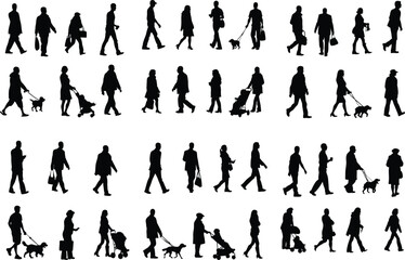 Set of silhouettes of people walking
