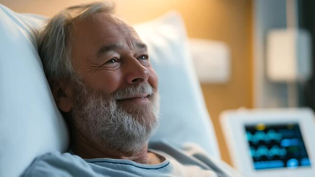 An elderly individual checks their blood pressure in a serene bedroom setting.