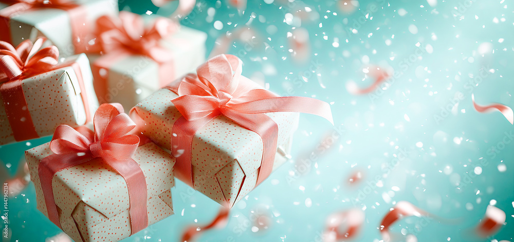 Poster festive presents covered in cheerful wrapping and vibrant bows are scattered in a whimsical fall atm