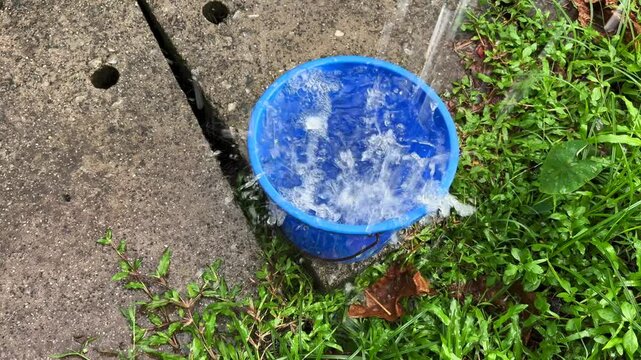 A bucket collecting rainwater in the outdoor