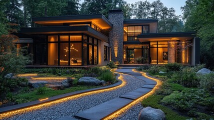 Illuminated Modern Villa nestled in a lush forest at twilight, showcasing a winding pathway with warm lighting.