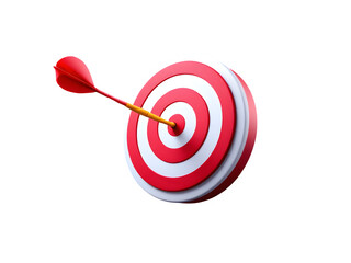 3D Red Dartboard Target Bullseye,dart hitting target,Bullseye Dart on Target Symbolizing Precision and Accuracy, Dart in the center of dartboard on white background