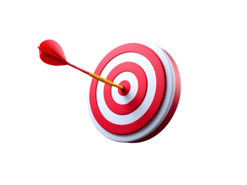 3D Red Dartboard Target Bullseye,dart hitting target,Bullseye Dart on Target Symbolizing Precision and Accuracy, Dart in the center of dartboard on white background