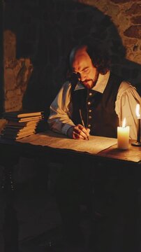 William shakespeare writing a play by candlelight