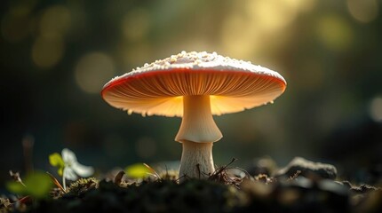 Fototapeta premium Enchanted Amanita Mushroom: A Sunlit Forest Scene
