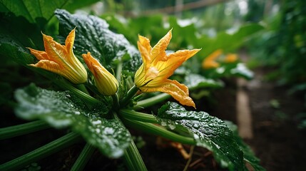 Obraz premium Vibrant yellow blossoms amidst lush green foliage