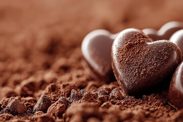 Heartshaped chocolate pieces dusted with cocoa on textured brown backdrop