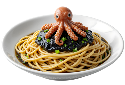 A photorealistic 3D render of spaghetti in squid ink sauce with baby octopus and chopped parsley, with a transparent background.