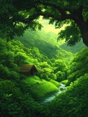 Obraz premium A small wooden cabin sits by a tranquil stream, surrounded by lush green forest and sunlit hills.