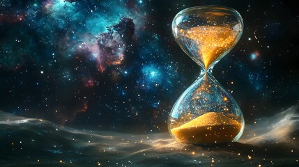 Celestial Sands of Time: An ethereal hourglass stands, with golden grains of time flowing against a backdrop of a cosmic nebula, a breathtaking visual metaphor. 