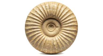 Obraz premium Closeup of a Golden Spiral Ammonite Fossil Isolated on White Background