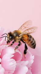 Pastel background bee collecting pollen on pink peony realistic macro mockup ultrasharp awardwinning photography