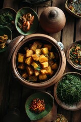 A diverse array of Indonesian dishes, artfully arranged on a rustic wooden table, ready to enjoy.