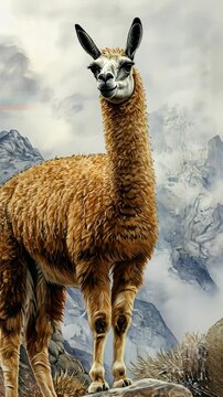 Majestic llama stands tall on rocky terrain in the mountains, showcasing its impressive stature and natural beauty