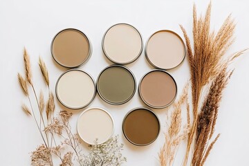 Muted earthy tones displayed in round containers, complemented by dried grasses